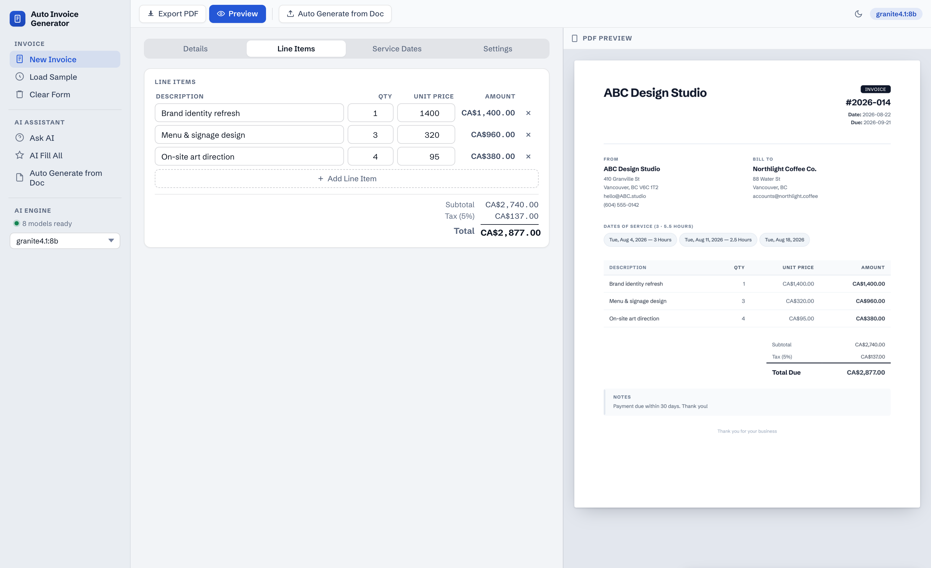 Auto Invoice Generator with a filled invoice and live PDF preview