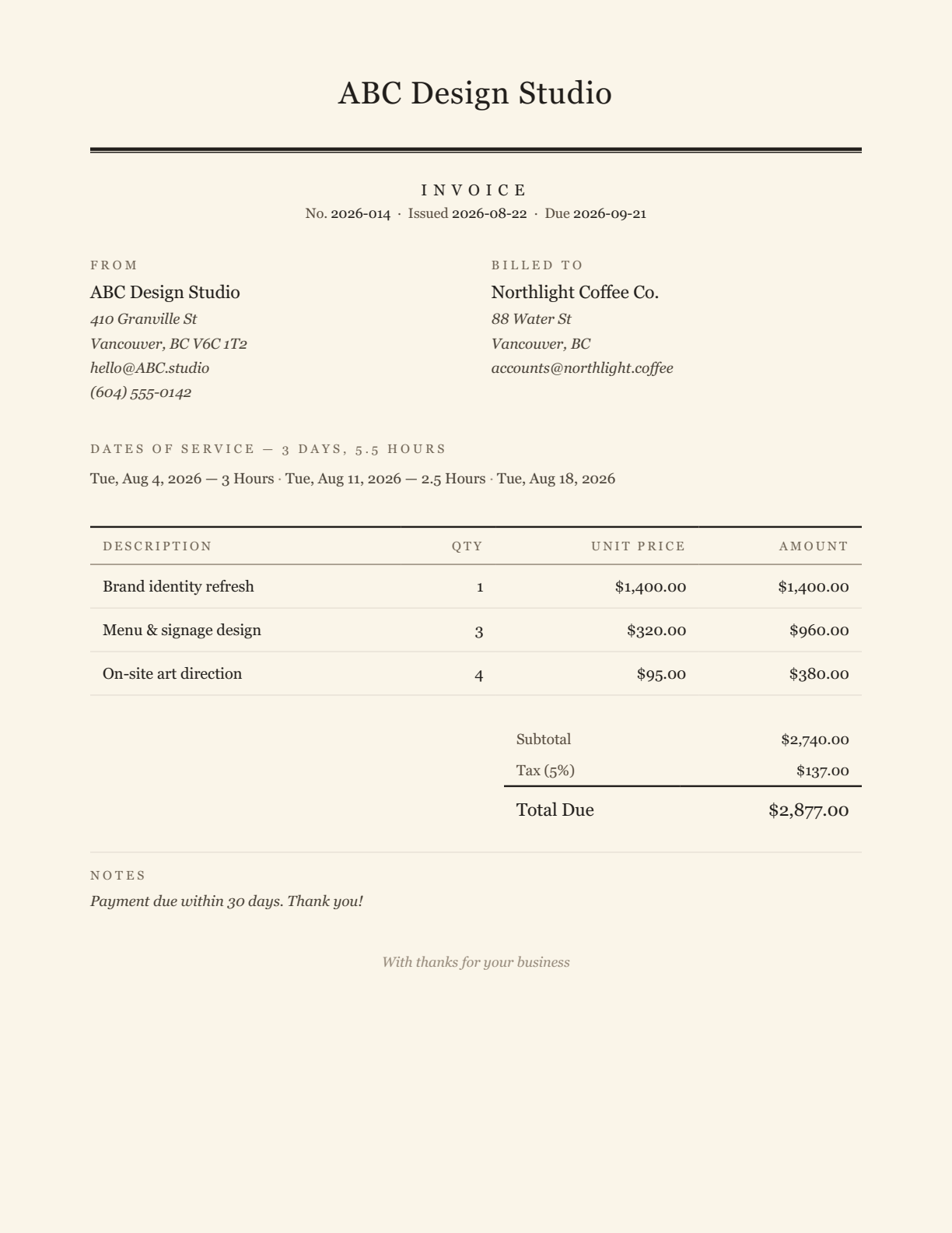 Classic invoice template on cream paper
