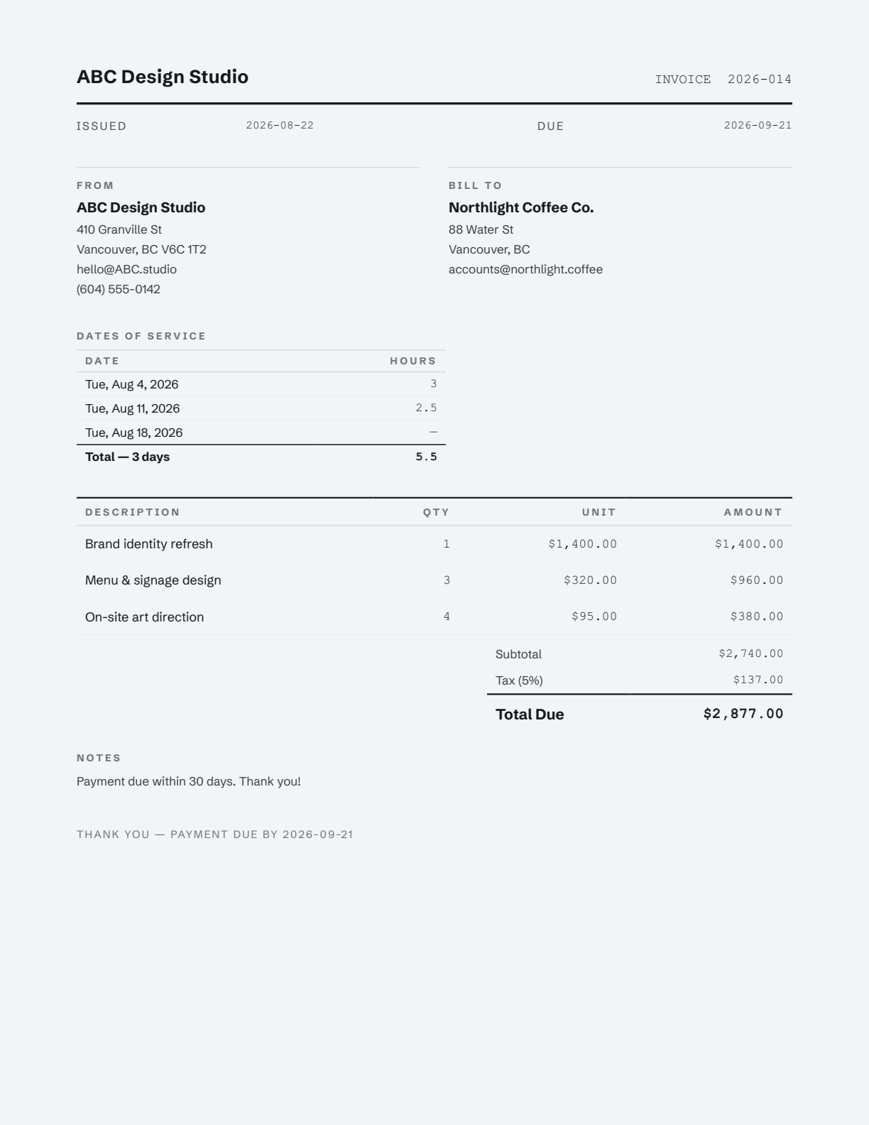 Ledger invoice template on mist paper